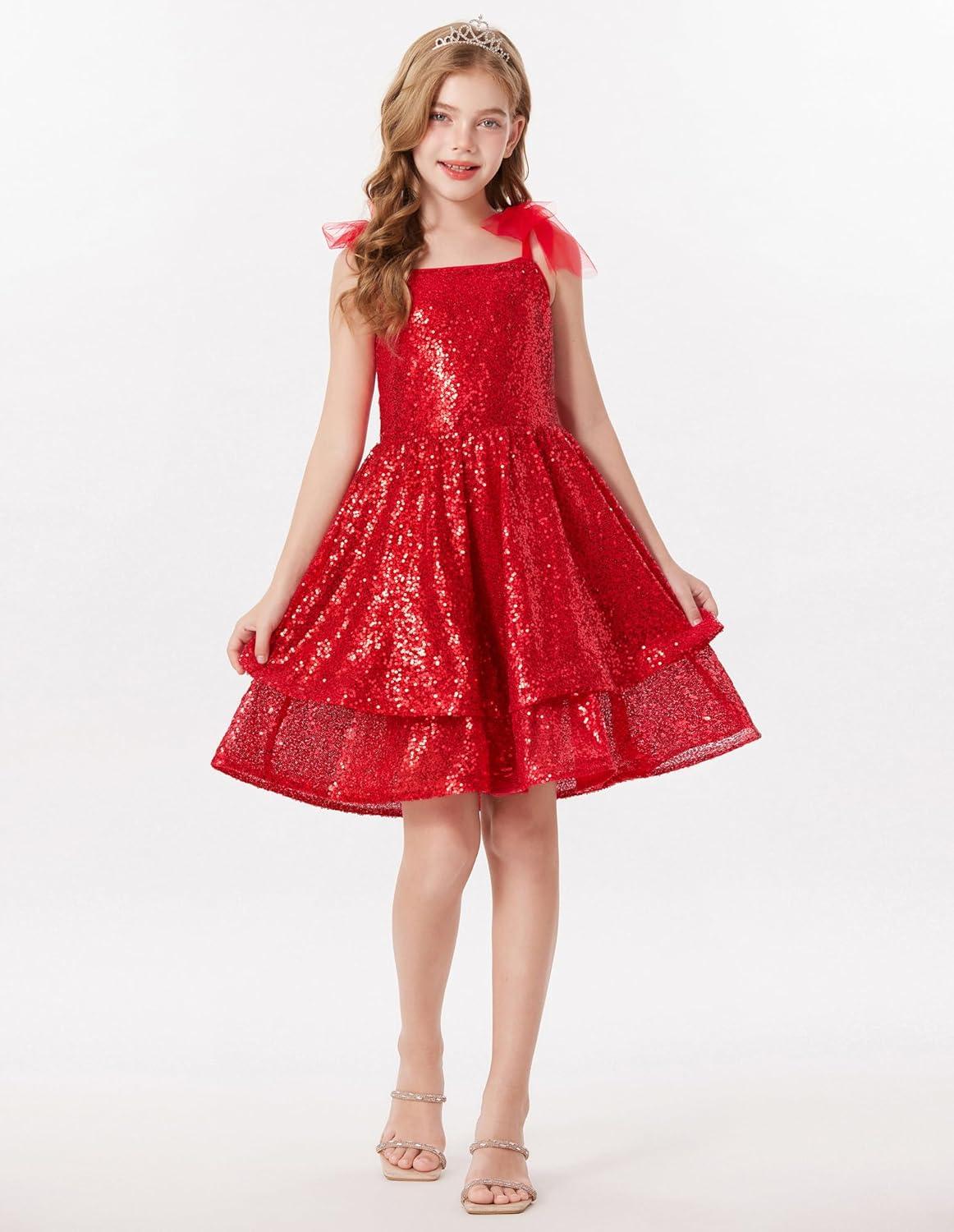 imageGRACE KARIN Gold Girls Sequin Dress Sparkly Girl Fancy Daughter Dance Mini Dresses Kids Birthday Wedding Formal PartyRed