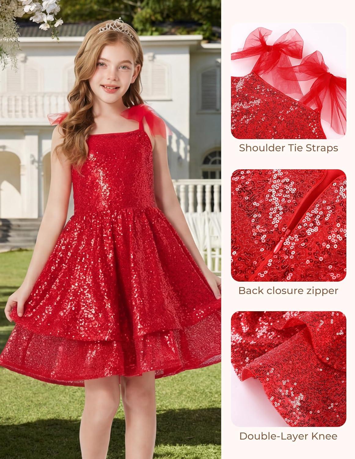 imageGRACE KARIN Gold Girls Sequin Dress Sparkly Girl Fancy Daughter Dance Mini Dresses Kids Birthday Wedding Formal PartyRed