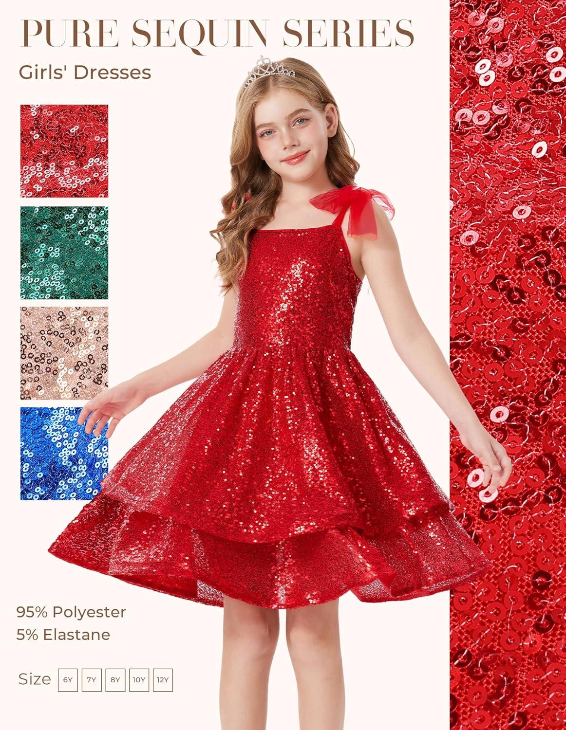 imageGRACE KARIN Gold Girls Sequin Dress Sparkly Girl Fancy Daughter Dance Mini Dresses Kids Birthday Wedding Formal PartyRed