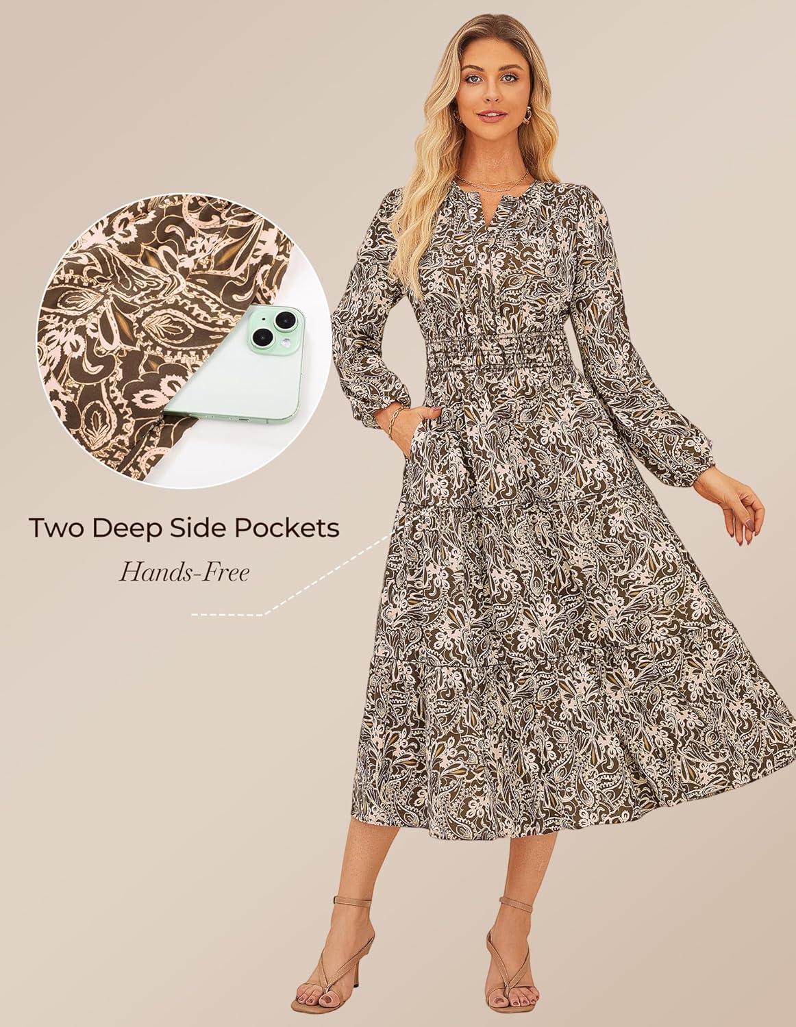 imageGRACE KARIN Long Sleeve Dress for Women 2026 Spring Wedding Guest Dress Floral Boho A Line Flowy Maxi Dresses with PocketsBrown