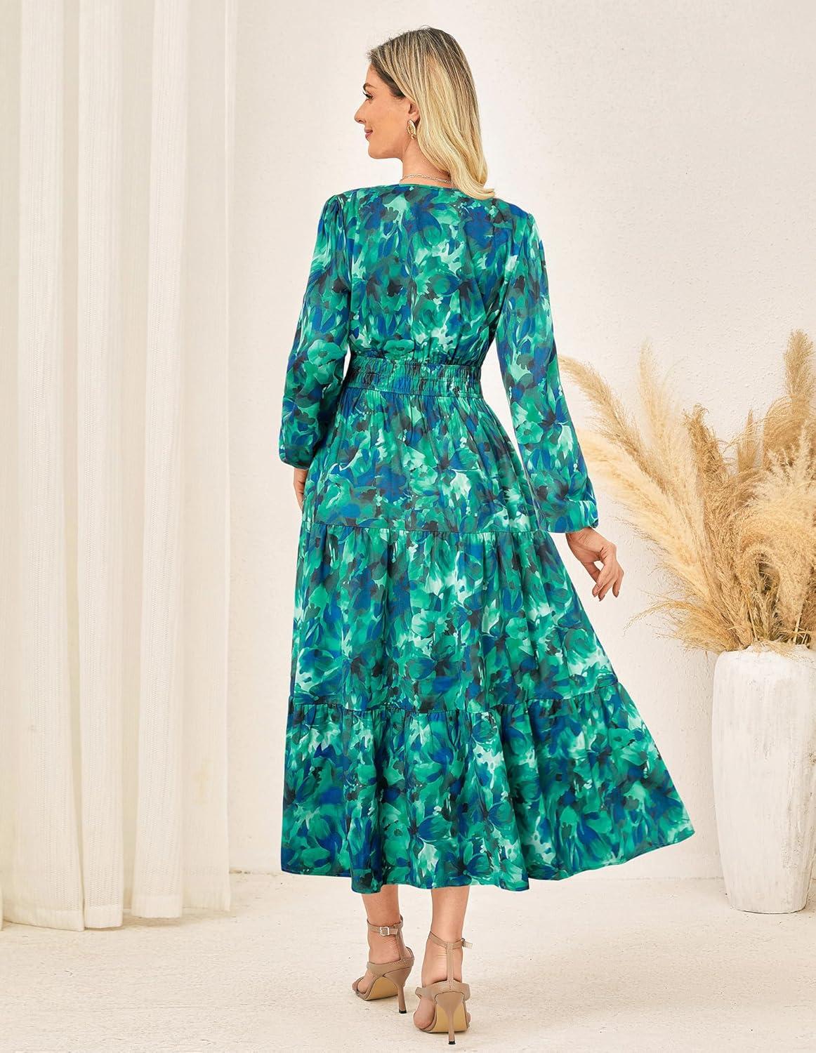 imageGRACE KARIN Long Sleeve Dress for Women 2026 Spring Wedding Guest Dress Floral Boho A Line Flowy Maxi Dresses with PocketsGreen Floral