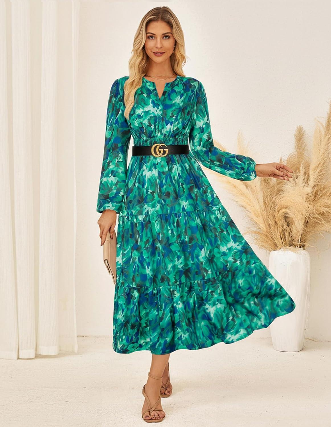 imageGRACE KARIN Long Sleeve Dress for Women 2026 Spring Wedding Guest Dress Floral Boho A Line Flowy Maxi Dresses with PocketsGreen Floral