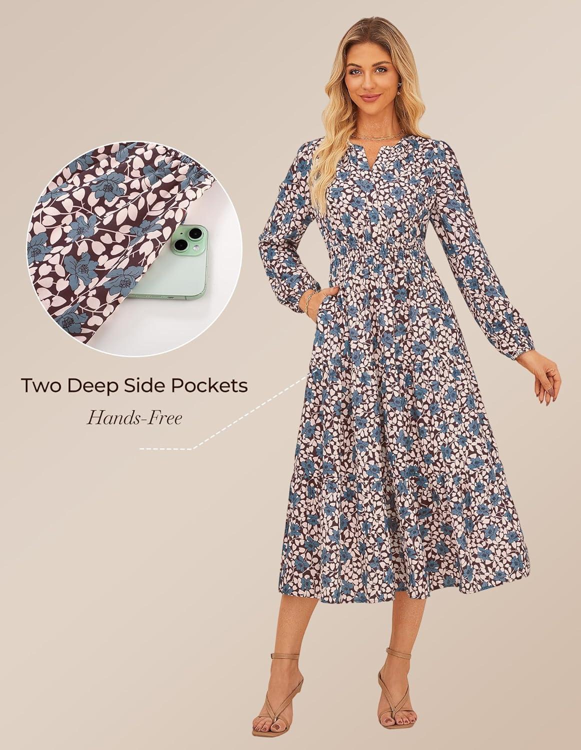 imageGRACE KARIN Long Sleeve Dress for Women 2026 Spring Wedding Guest Dress Floral Boho A Line Flowy Maxi Dresses with PocketsRed Blue Floral