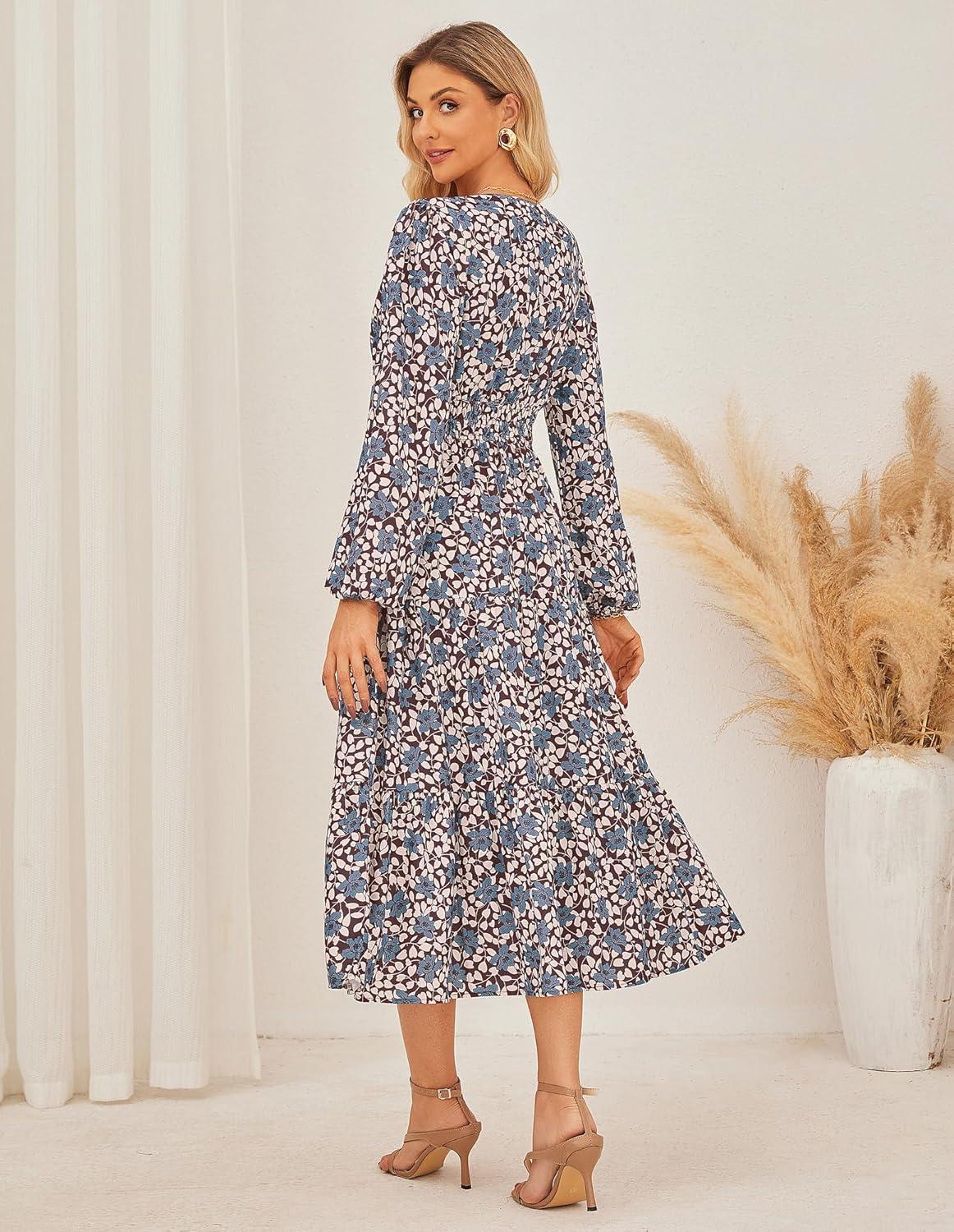 imageGRACE KARIN Long Sleeve Dress for Women 2026 Spring Wedding Guest Dress Floral Boho A Line Flowy Maxi Dresses with PocketsRed Blue Floral