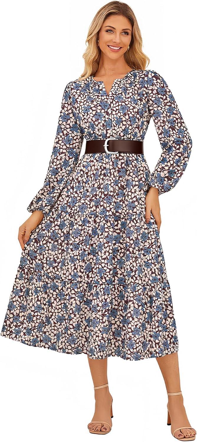 imageGRACE KARIN Long Sleeve Dress for Women 2026 Spring Wedding Guest Dress Floral Boho A Line Flowy Maxi Dresses with PocketsRed Blue Floral