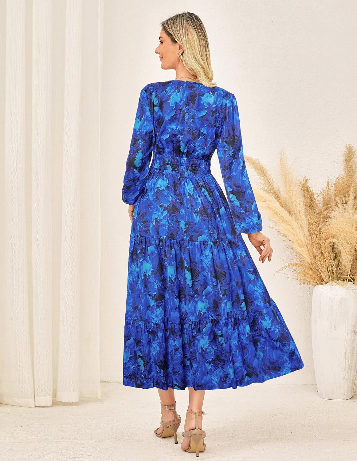 imageGRACE KARIN Long Sleeve Dress for Women 2026 Spring Wedding Guest Dress Floral Boho A Line Flowy Maxi Dresses with PocketsRoyalblue Floral