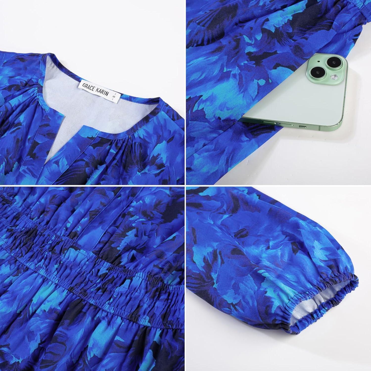 imageGRACE KARIN Long Sleeve Dress for Women 2026 Spring Wedding Guest Dress Floral Boho A Line Flowy Maxi Dresses with PocketsRoyalblue Floral