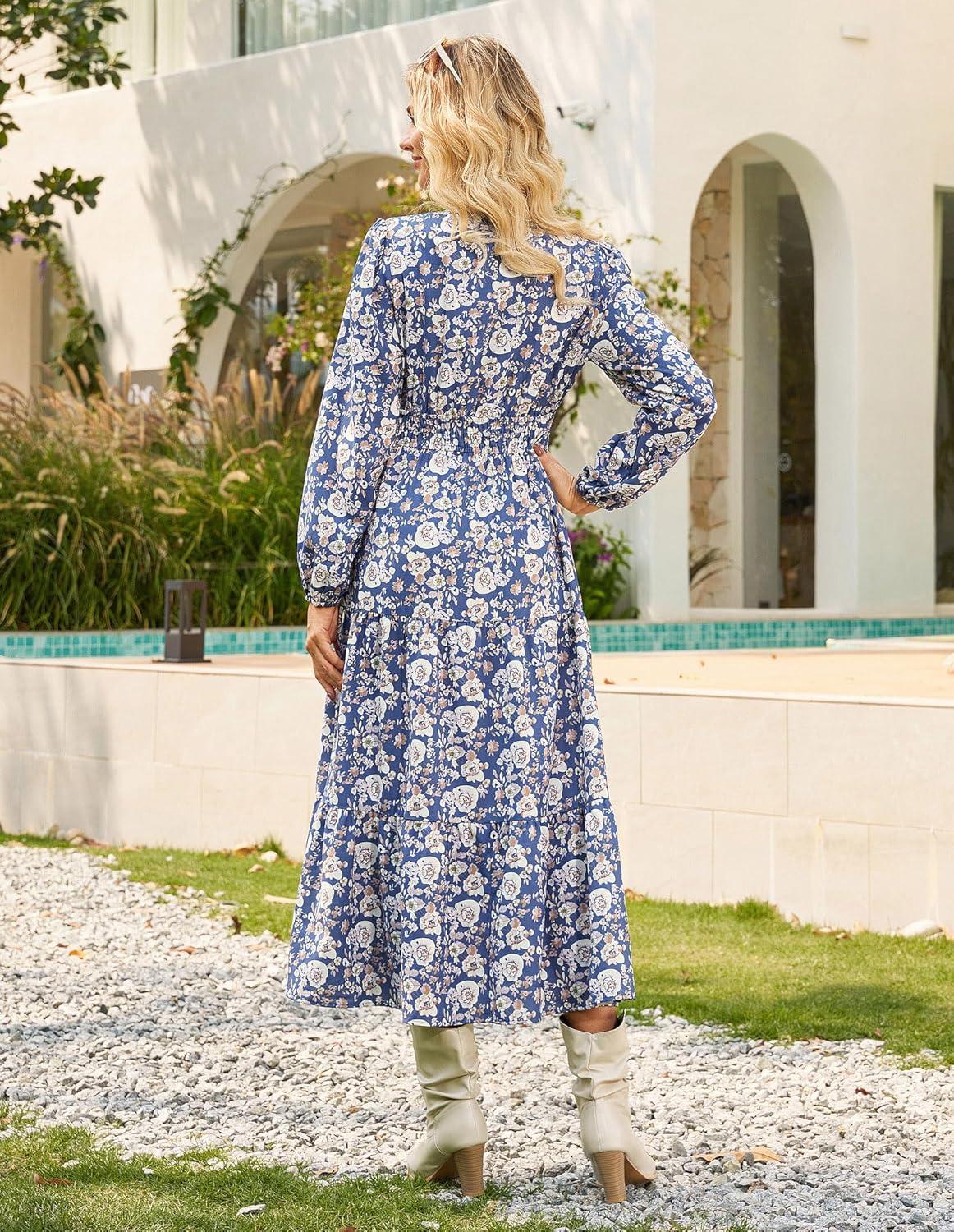imageGRACE KARIN Long Sleeve Dress for Women 2026 Spring Wedding Guest Dress Floral Boho A Line Flowy Maxi Dresses with PocketsWhite Blue Floral