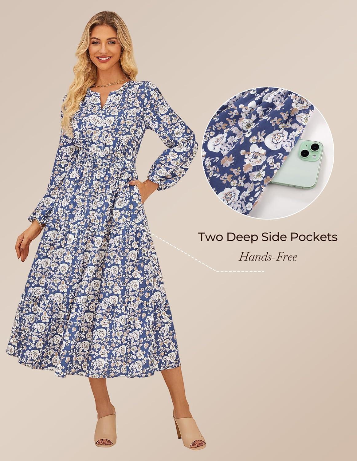 imageGRACE KARIN Long Sleeve Dress for Women 2026 Spring Wedding Guest Dress Floral Boho A Line Flowy Maxi Dresses with PocketsWhite Blue Floral