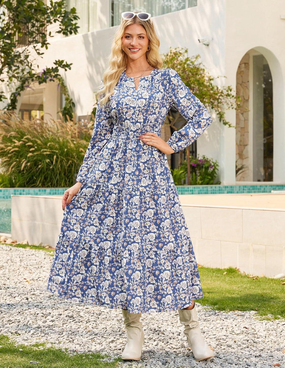 imageGRACE KARIN Long Sleeve Dress for Women 2026 Spring Wedding Guest Dress Floral Boho A Line Flowy Maxi Dresses with PocketsWhite Blue Floral