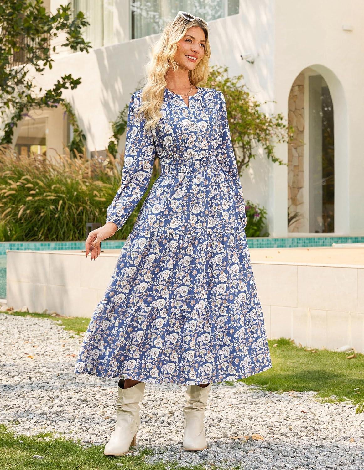 imageGRACE KARIN Long Sleeve Dress for Women 2026 Spring Wedding Guest Dress Floral Boho A Line Flowy Maxi Dresses with PocketsWhite Blue Floral