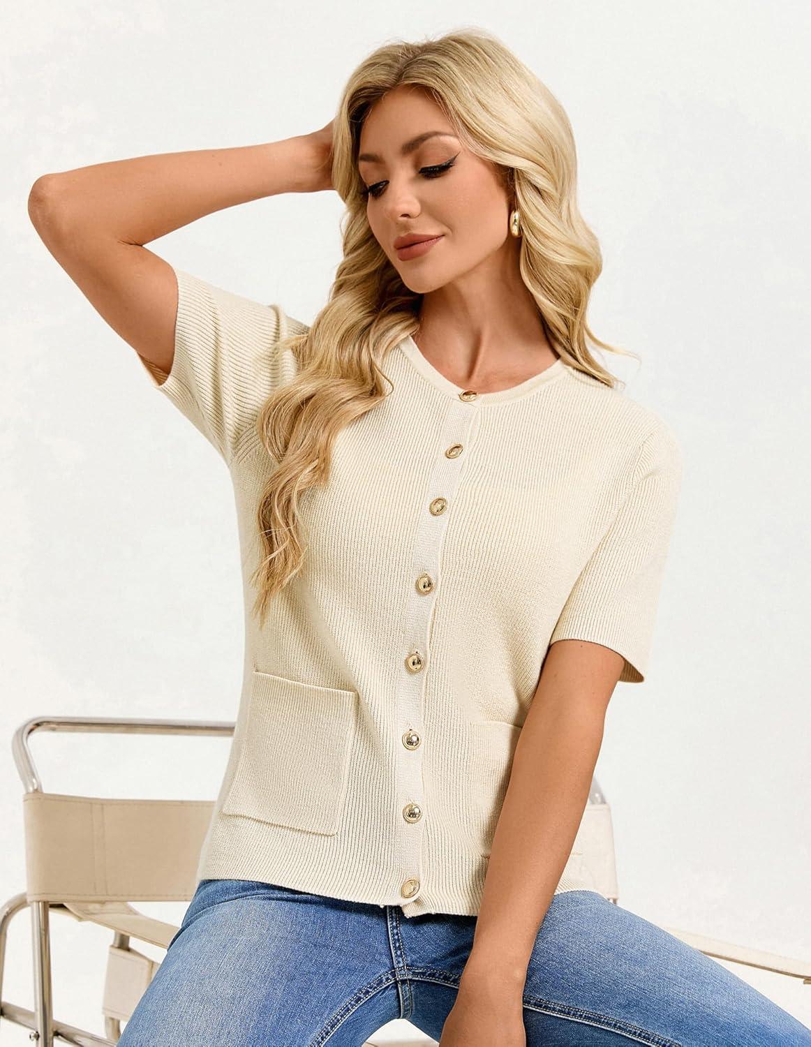imageGRACE KARIN Short Sleeve Cardigans for Women Lightweight Spring Cardigans 2026 Button Up Sweaters with PocketsApricot White