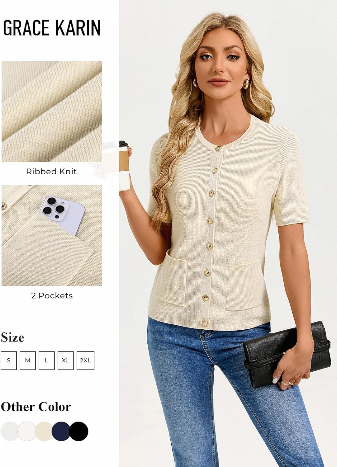 imageGRACE KARIN Short Sleeve Cardigans for Women Lightweight Spring Cardigans 2026 Button Up Sweaters with PocketsApricot White