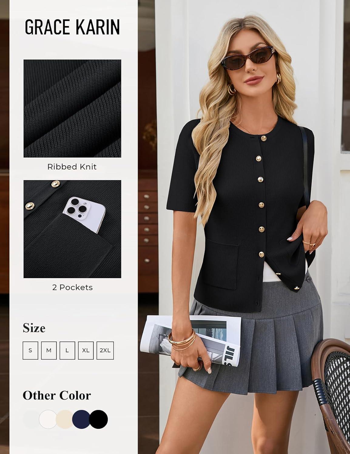 imageGRACE KARIN Short Sleeve Cardigans for Women Lightweight Spring Cardigans 2026 Button Up Sweaters with PocketsBlack