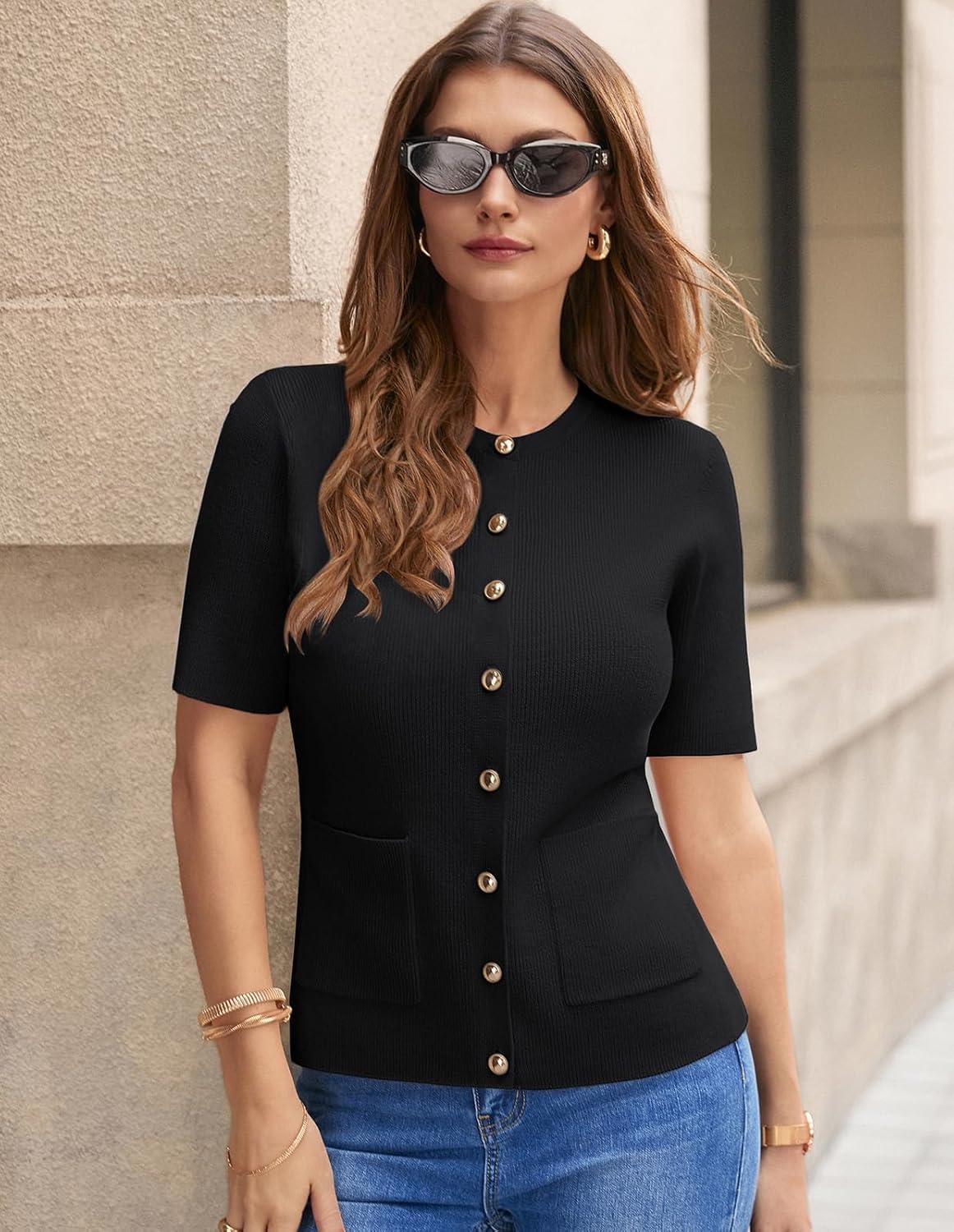 imageGRACE KARIN Short Sleeve Cardigans for Women Lightweight Spring Cardigans 2026 Button Up Sweaters with PocketsBlack