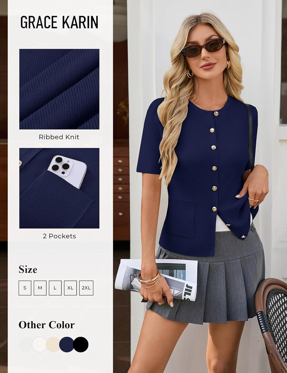 imageGRACE KARIN Short Sleeve Cardigans for Women Lightweight Spring Cardigans 2026 Button Up Sweaters with PocketsNavy Blue