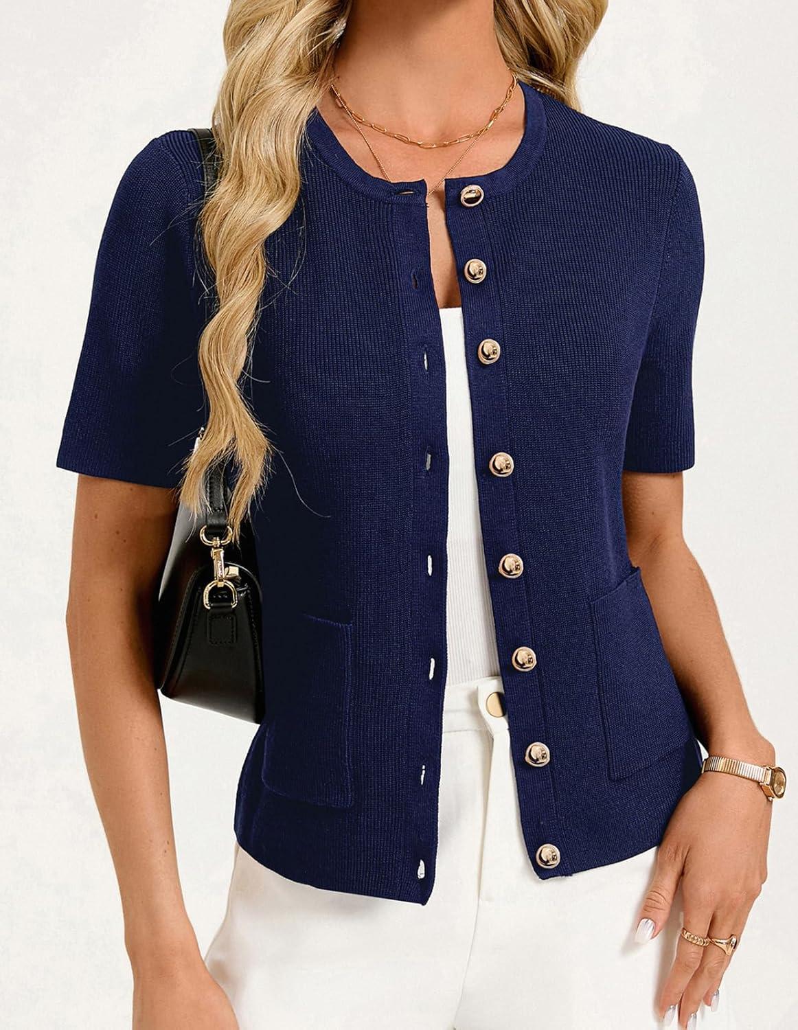 imageGRACE KARIN Short Sleeve Cardigans for Women Lightweight Spring Cardigans 2026 Button Up Sweaters with PocketsNavy Blue