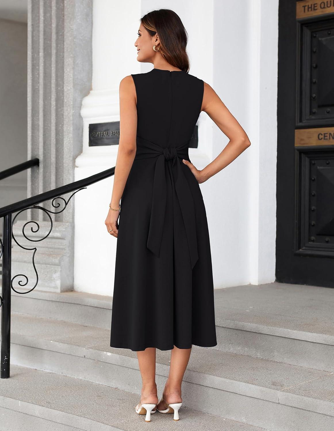 imageGRACE KARIN Women 2026 Summer Work Dress Sleeveless Tie Waist Elegant Party Cocktail A Line Flowy Midi Dresses with PocketsBlack