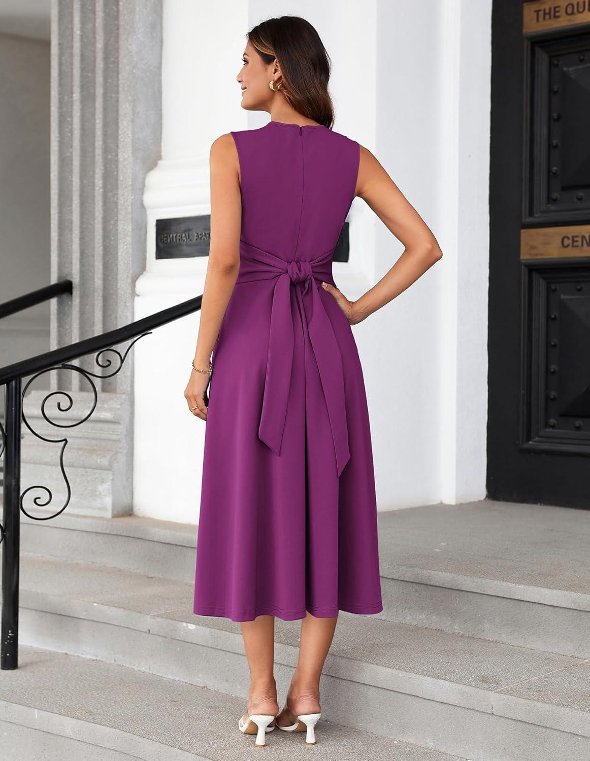 imageGRACE KARIN Women 2026 Summer Work Dress Sleeveless Tie Waist Elegant Party Cocktail A Line Flowy Midi Dresses with PocketsPurple Red