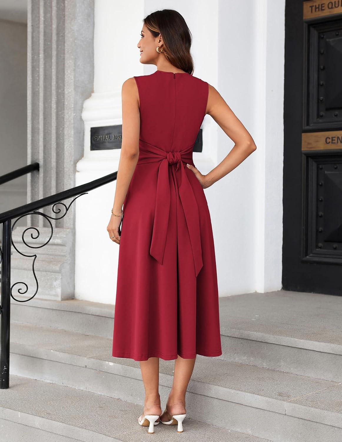 imageGRACE KARIN Women 2026 Summer Work Dress Sleeveless Tie Waist Elegant Party Cocktail A Line Flowy Midi Dresses with PocketsRed