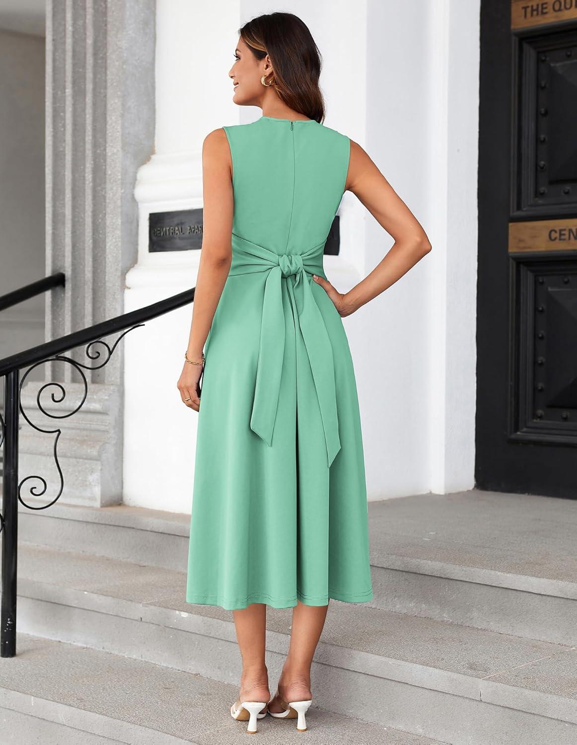 imageGRACE KARIN Women 2026 Summer Work Dress Sleeveless Tie Waist Elegant Party Cocktail A Line Flowy Midi Dresses with PocketsSage Green