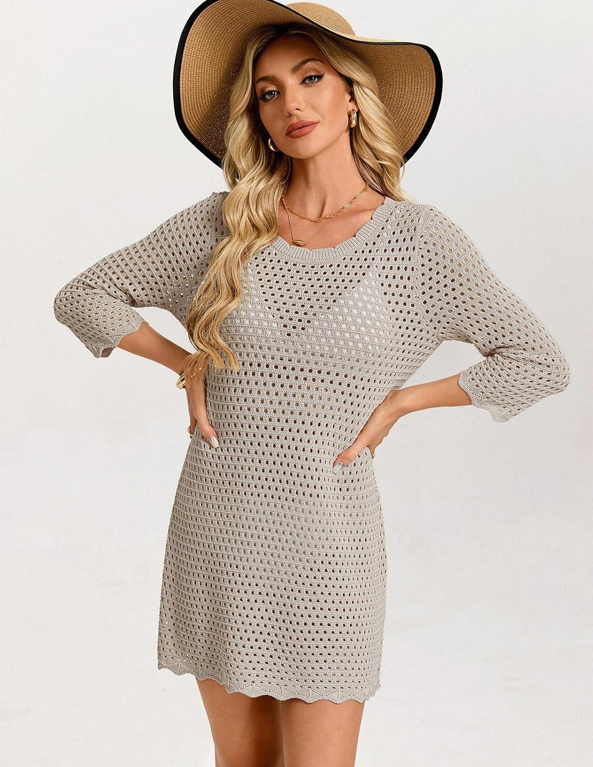 imageGRACE KARIN Women 34 Sleeve Swimsuit Cover Up Bathing Crochet Swimwear 2026 Summer Beach Vacation ClothesGray