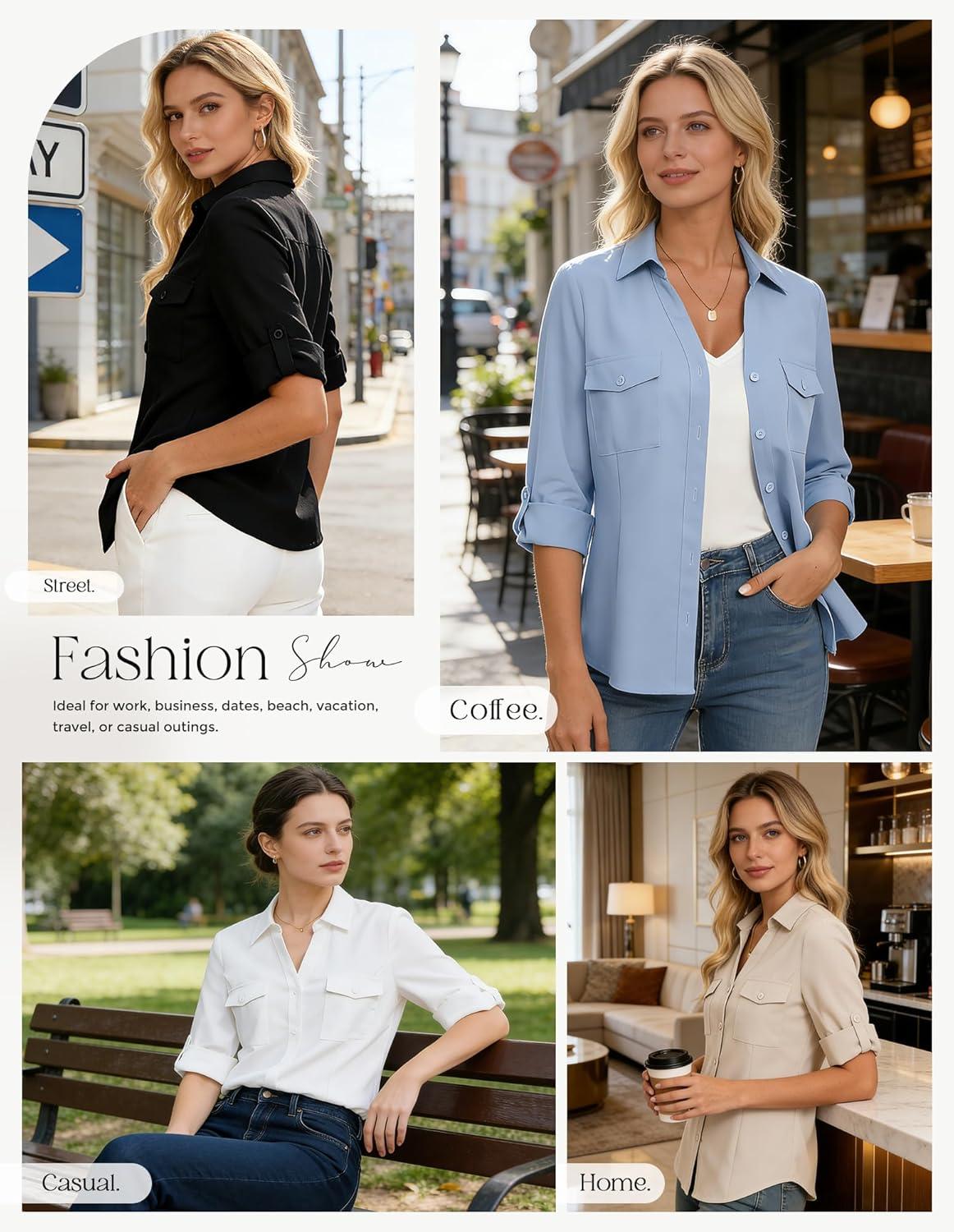 imageGRACE KARIN Women Button Down Business Shirts Spring Trendy Collared V Neck 34 Sleeve Tops Wrinkle Free Dressy Work BlouseApricot