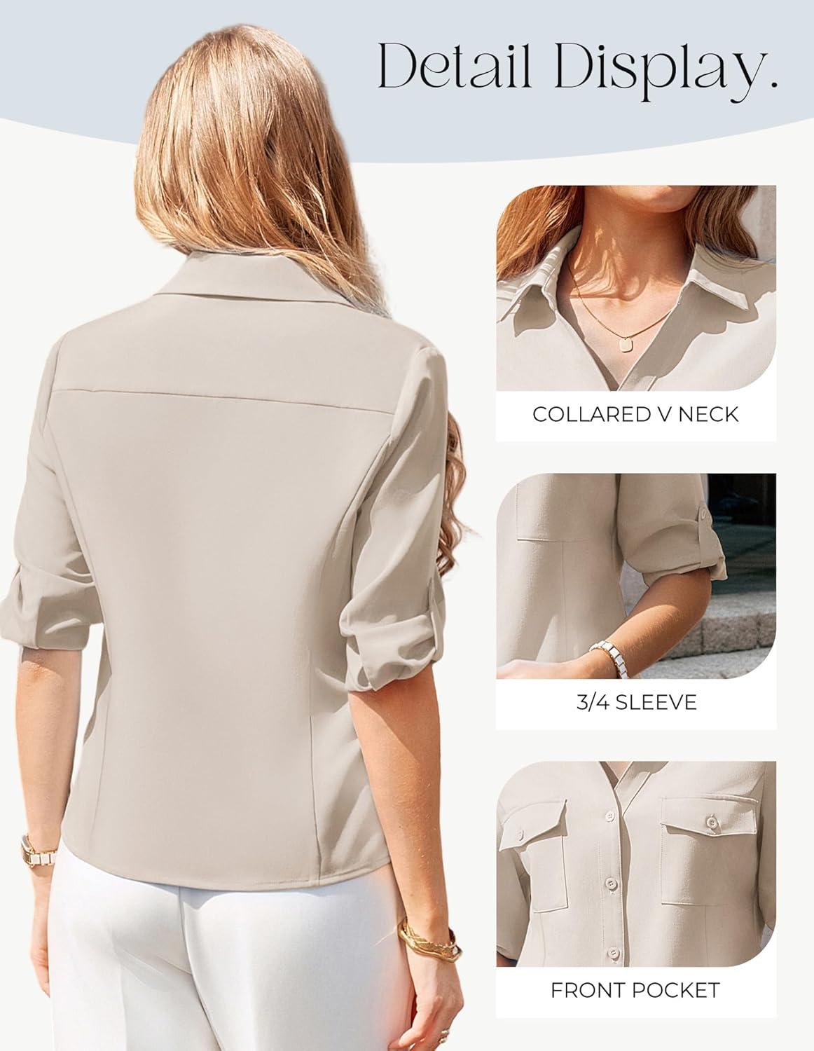 imageGRACE KARIN Women Button Down Business Shirts Spring Trendy Collared V Neck 34 Sleeve Tops Wrinkle Free Dressy Work BlouseApricot