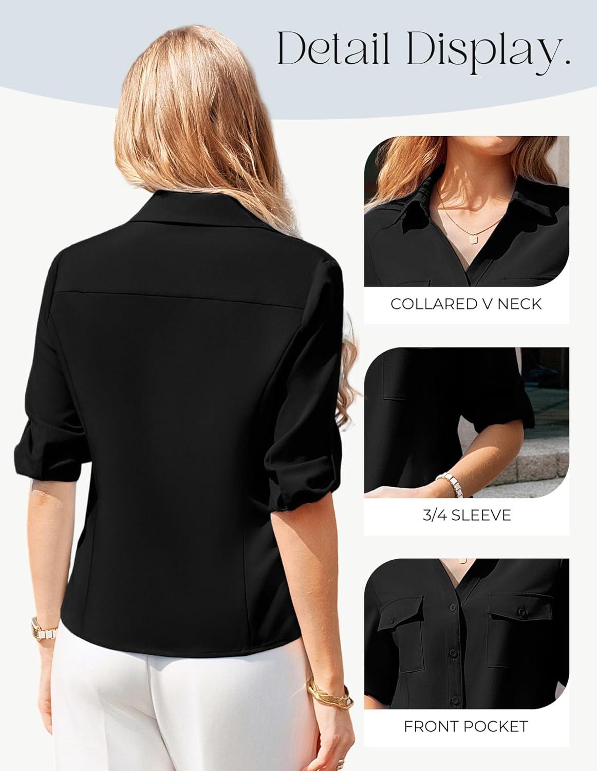 imageGRACE KARIN Women Button Down Business Shirts Spring Trendy Collared V Neck 34 Sleeve Tops Wrinkle Free Dressy Work BlouseBlack