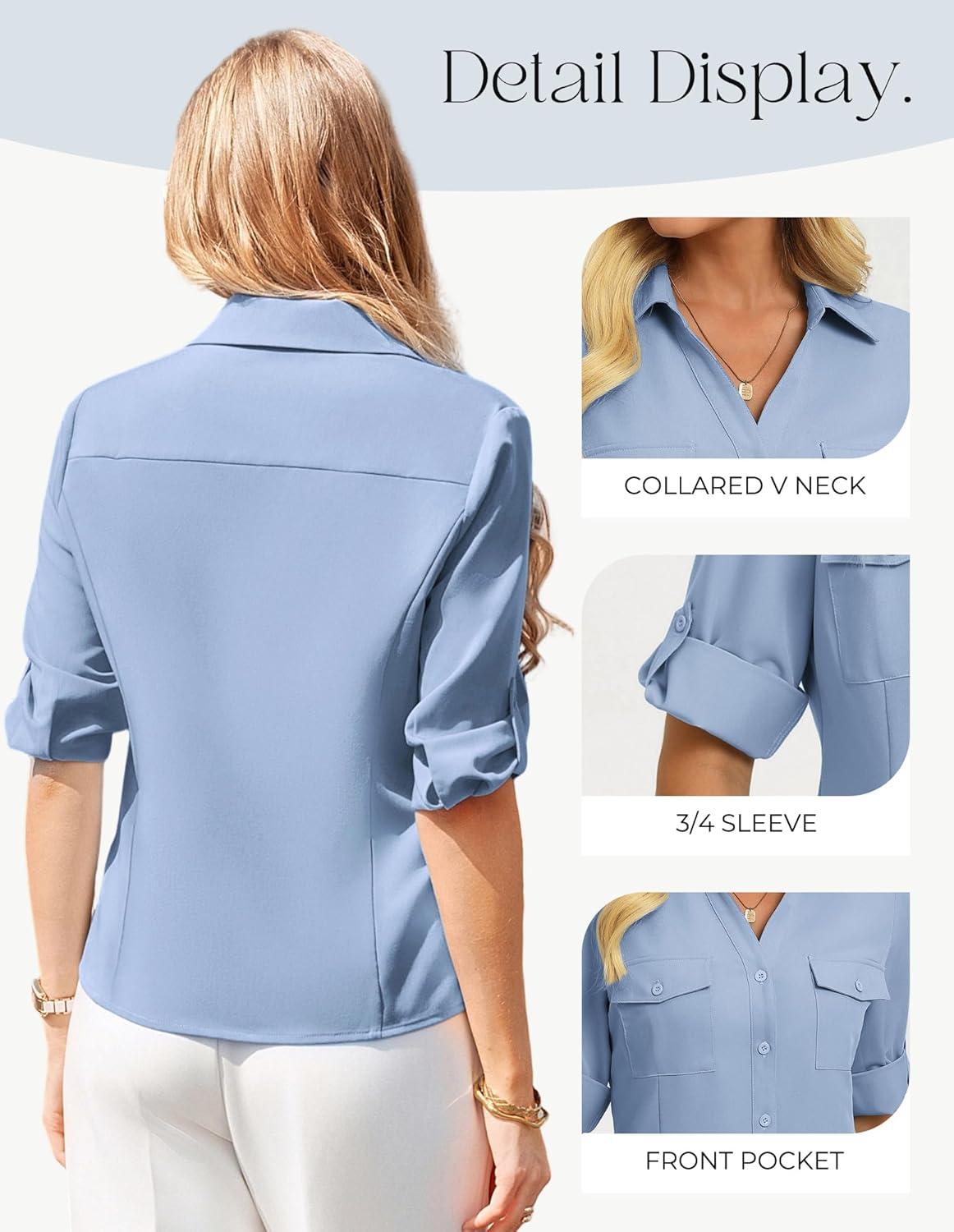 imageGRACE KARIN Women Button Down Business Shirts Spring Trendy Collared V Neck 34 Sleeve Tops Wrinkle Free Dressy Work BlouseLight Blue