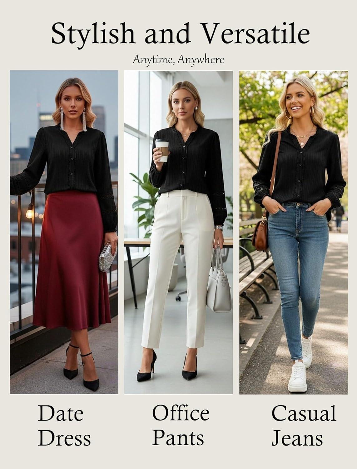 imageGRACE KARIN Women Dressy Casual TopsLong Sleeve Button Down Ruffle BlouseWork V Neck Shirt Summer Spring Business OutfitBlack