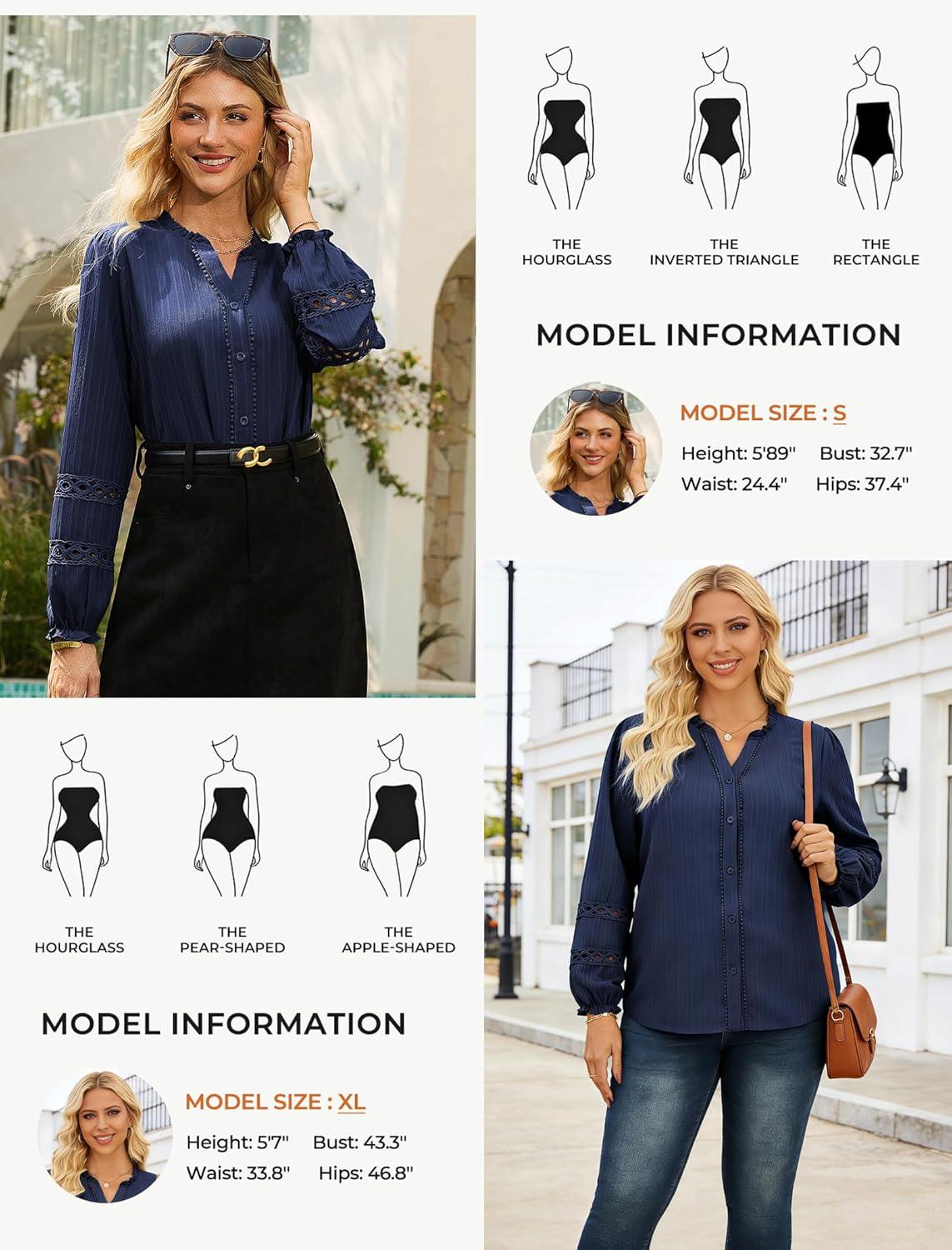 imageGRACE KARIN Women Dressy Casual TopsLong Sleeve Button Down Ruffle BlouseWork V Neck Shirt Summer Spring Business OutfitNavy Blue