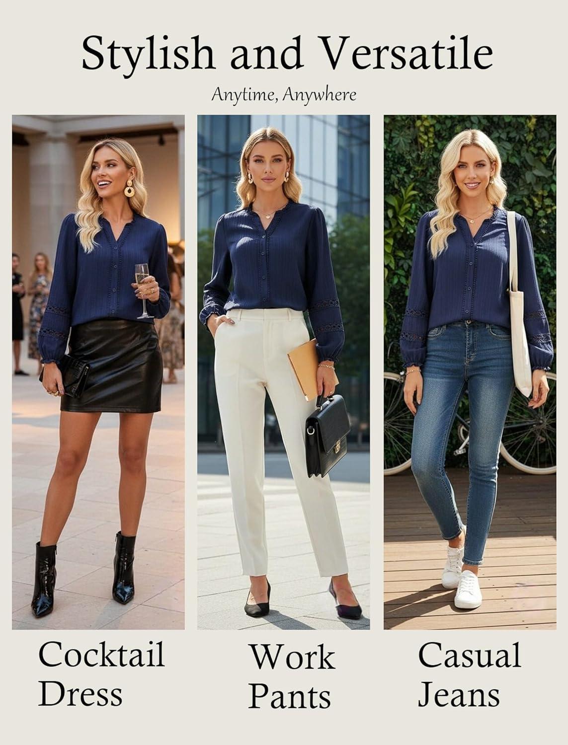 imageGRACE KARIN Women Dressy Casual TopsLong Sleeve Button Down Ruffle BlouseWork V Neck Shirt Summer Spring Business OutfitNavy Blue
