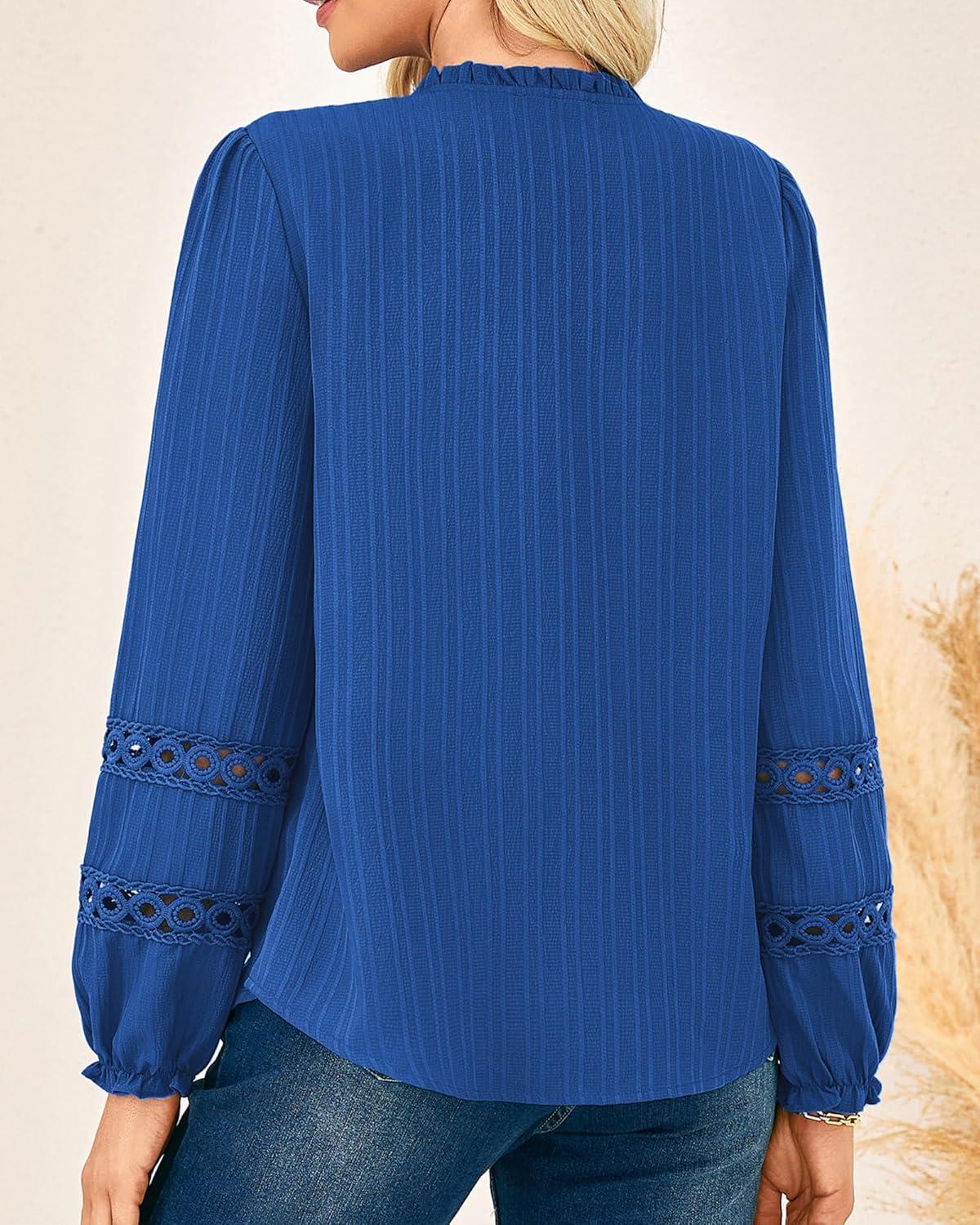 imageGRACE KARIN Women Dressy Casual TopsLong Sleeve Button Down Ruffle BlouseWork V Neck Shirt Summer Spring Business OutfitRoyal Blue