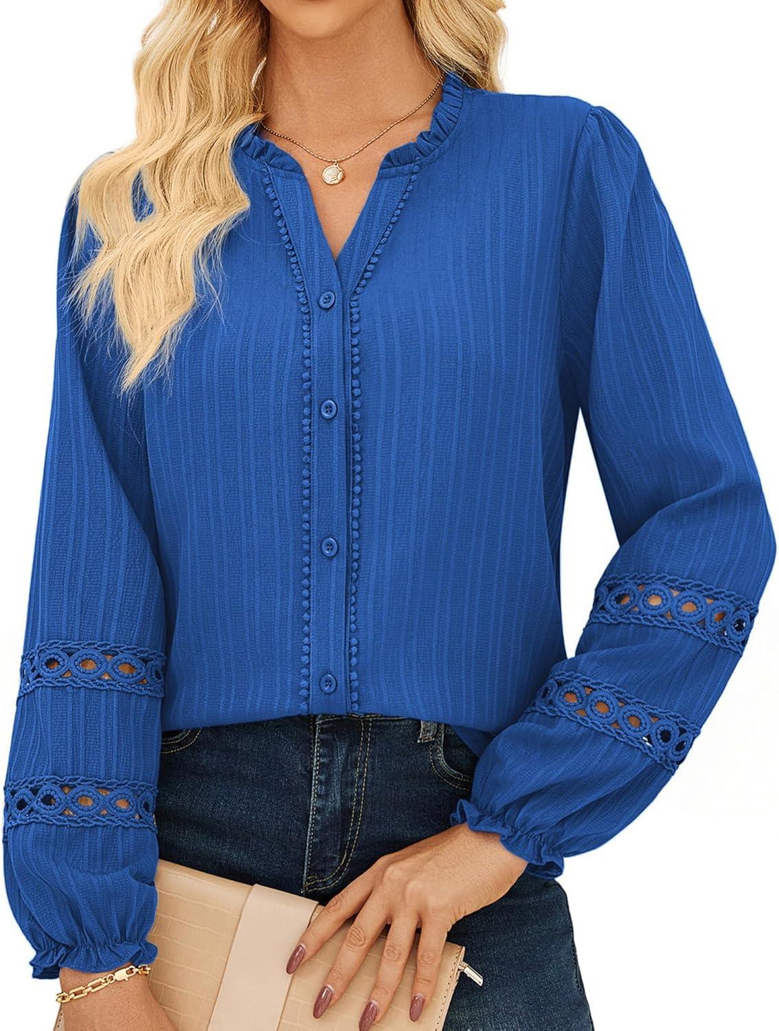 imageGRACE KARIN Women Dressy Casual TopsLong Sleeve Button Down Ruffle BlouseWork V Neck Shirt Summer Spring Business OutfitRoyal Blue