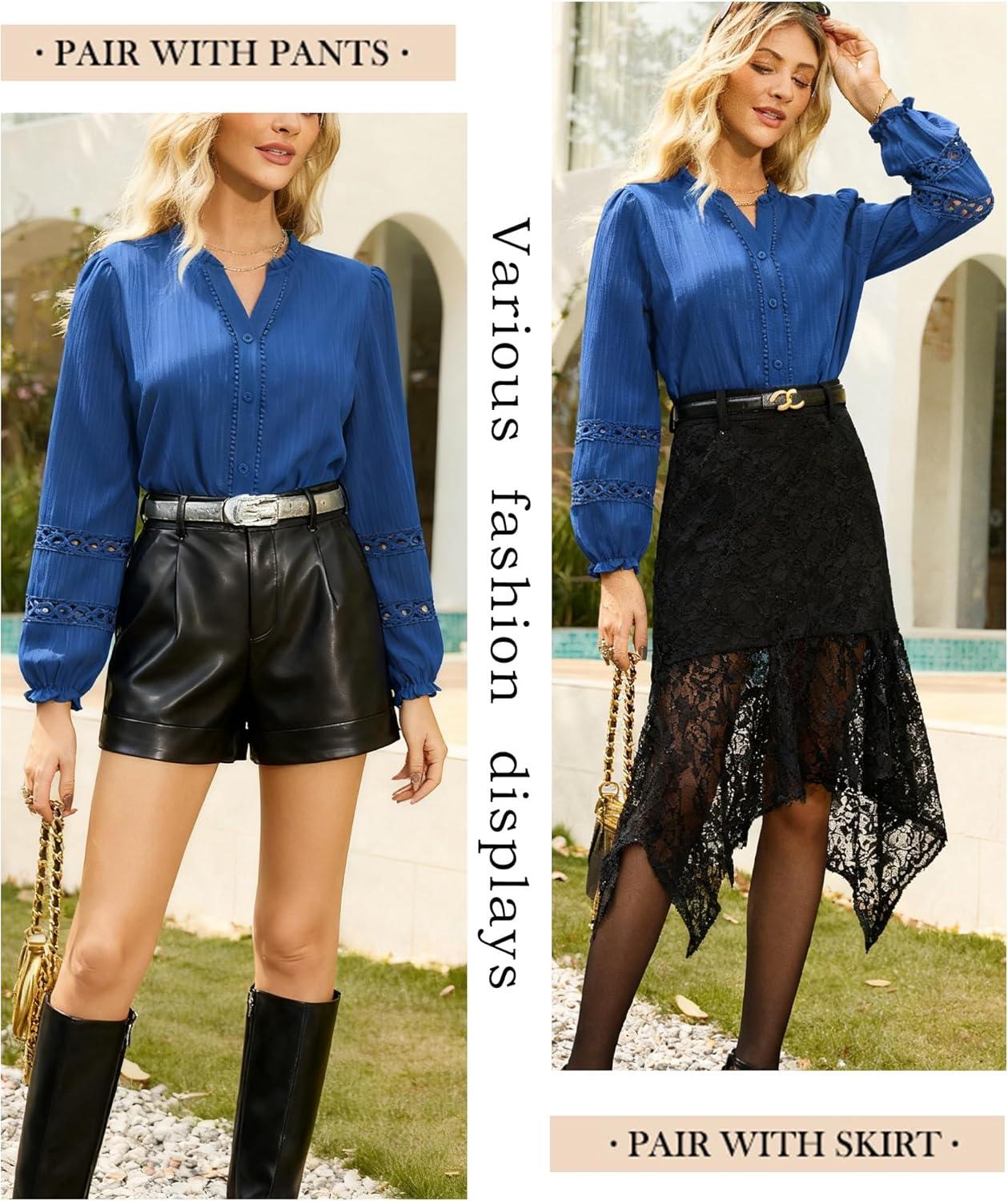 imageGRACE KARIN Women Dressy Casual TopsLong Sleeve Button Down Ruffle BlouseWork V Neck Shirt Summer Spring Business OutfitRoyal Blue