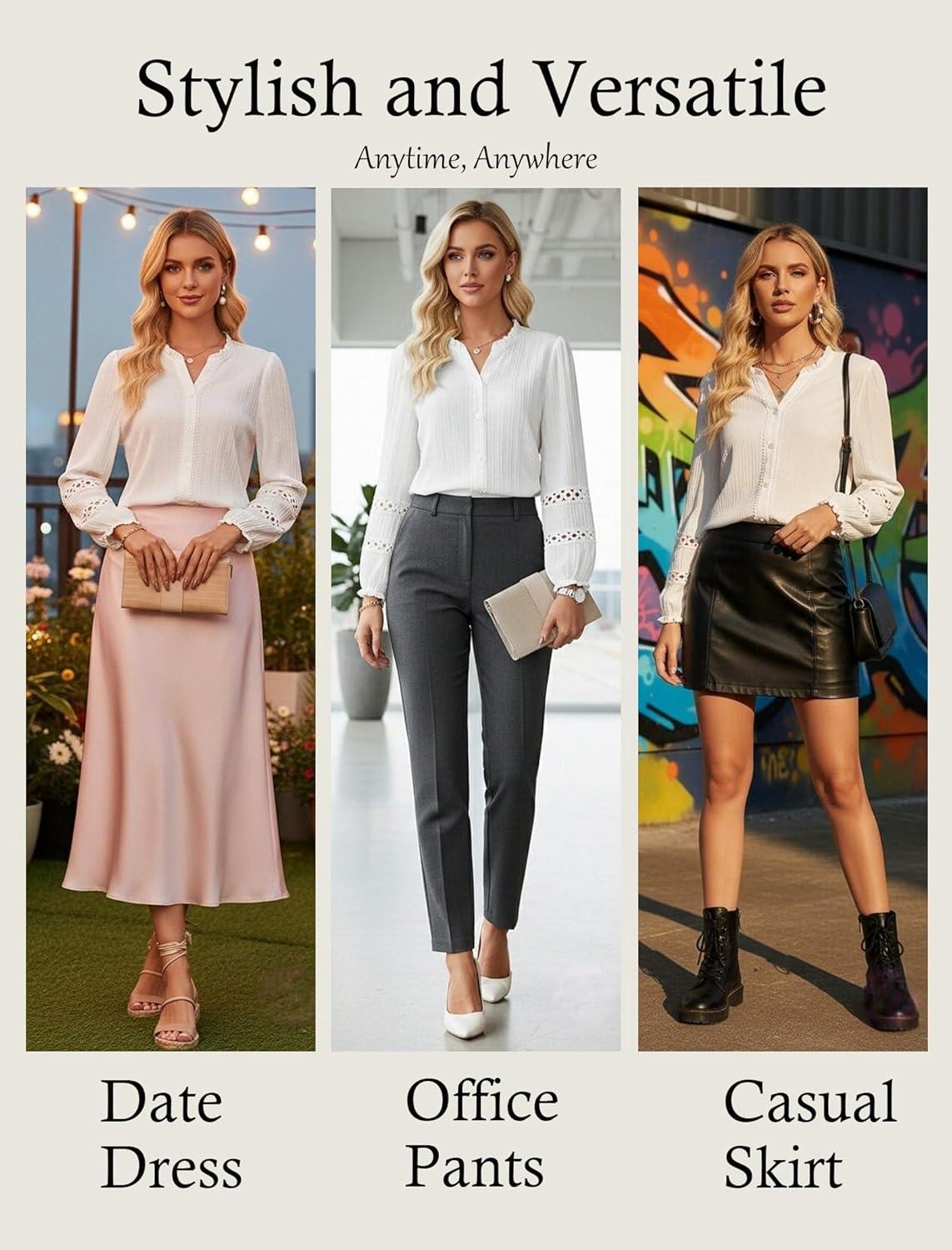 imageGRACE KARIN Women Dressy Casual TopsLong Sleeve Button Down Ruffle BlouseWork V Neck Shirt Summer Spring Business OutfitWhite