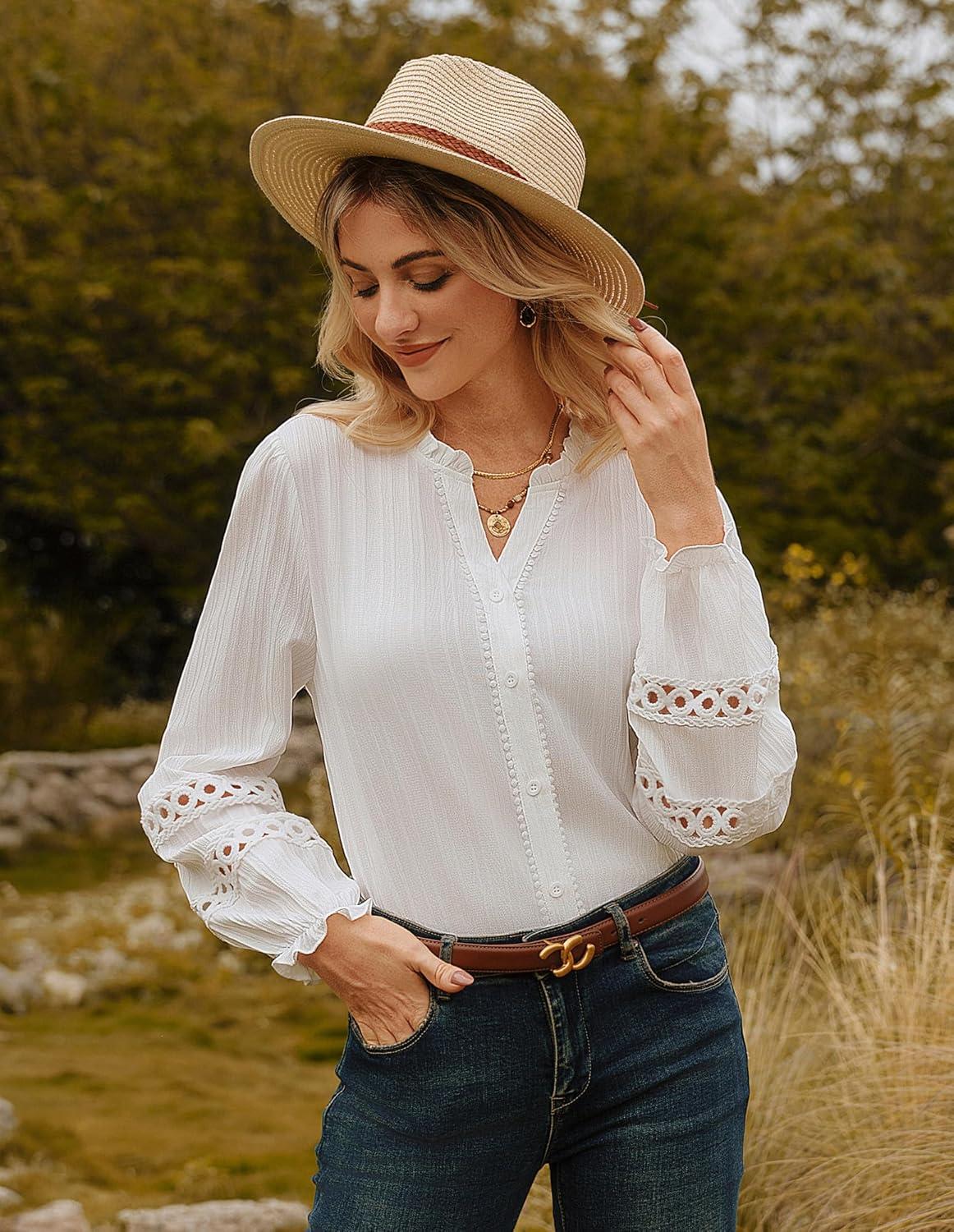 imageGRACE KARIN Women Dressy Casual TopsLong Sleeve Button Down Ruffle BlouseWork V Neck Shirt Summer Spring Business OutfitWhite