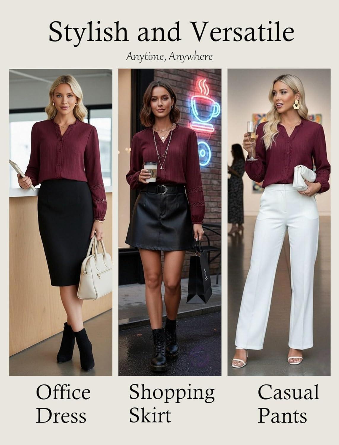 imageGRACE KARIN Women Dressy Casual TopsLong Sleeve Button Down Ruffle BlouseWork V Neck Shirt Summer Spring Business OutfitWine Red