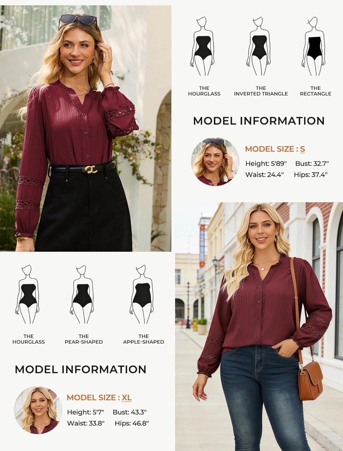 imageGRACE KARIN Women Dressy Casual TopsLong Sleeve Button Down Ruffle BlouseWork V Neck Shirt Summer Spring Business OutfitWine Red
