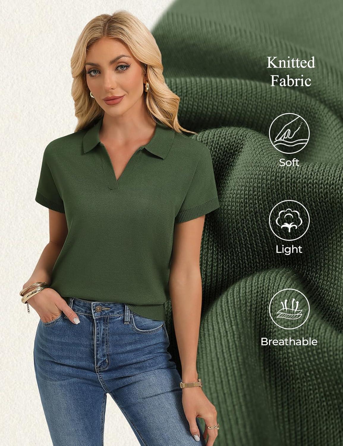imageGRACE KARIN Women Short Sleeve Sweater Business Casual Knit Polo Shirt V Neck Collared Pullover TopsArmy Green