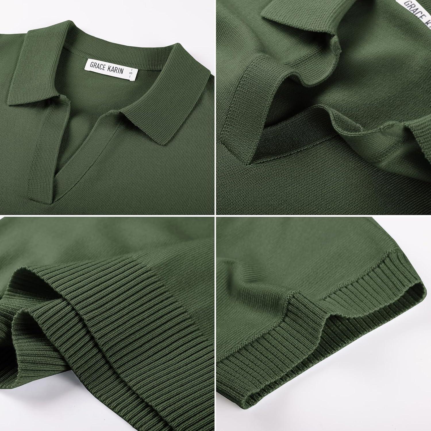 imageGRACE KARIN Women Short Sleeve Sweater Business Casual Knit Polo Shirt V Neck Collared Pullover TopsArmy Green