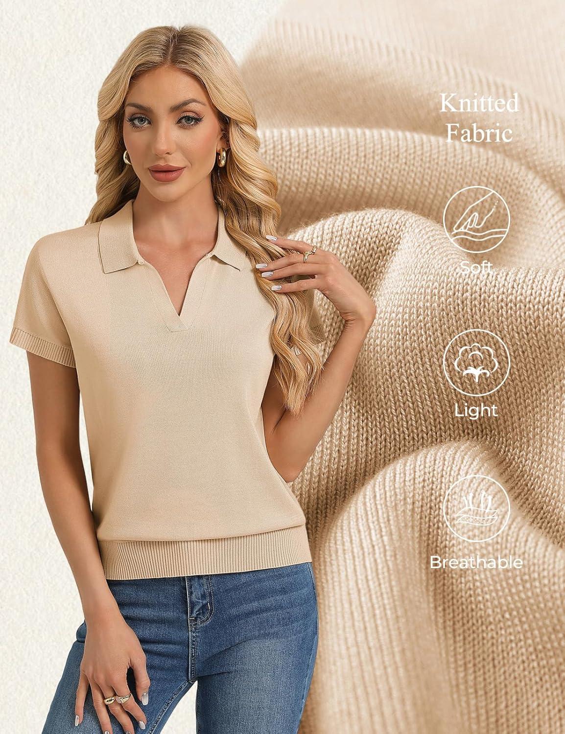 imageGRACE KARIN Women Short Sleeve Sweater Business Casual Knit Polo Shirt V Neck Collared Pullover TopsBeige