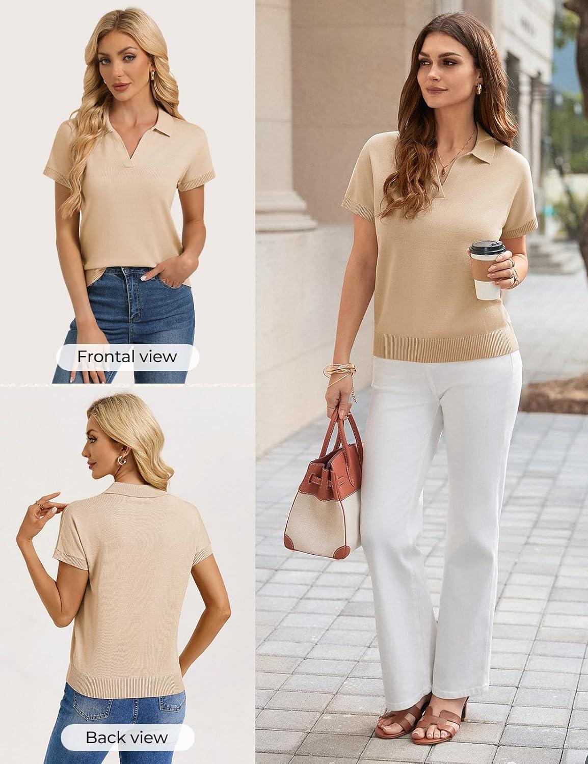 imageGRACE KARIN Women Short Sleeve Sweater Business Casual Knit Polo Shirt V Neck Collared Pullover TopsBeige