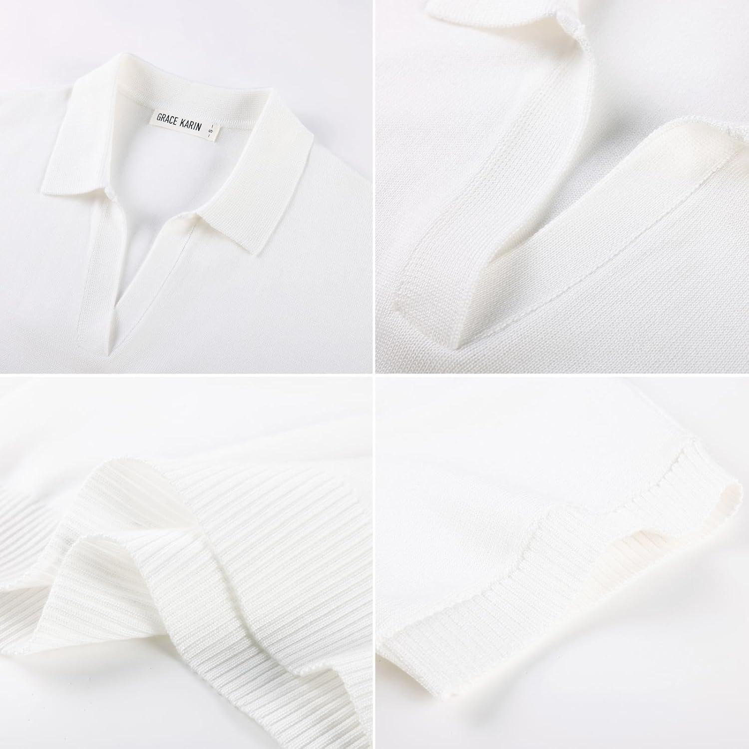 imageGRACE KARIN Women Short Sleeve Sweater Business Casual Knit Polo Shirt V Neck Collared Pullover TopsIvory White