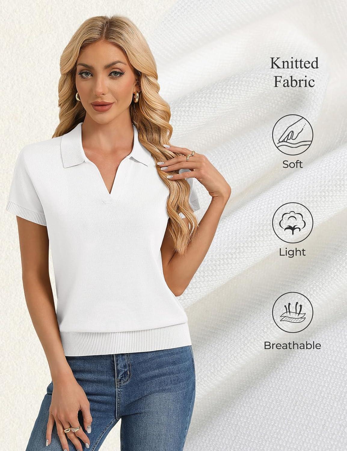 imageGRACE KARIN Women Short Sleeve Sweater Business Casual Knit Polo Shirt V Neck Collared Pullover TopsIvory White
