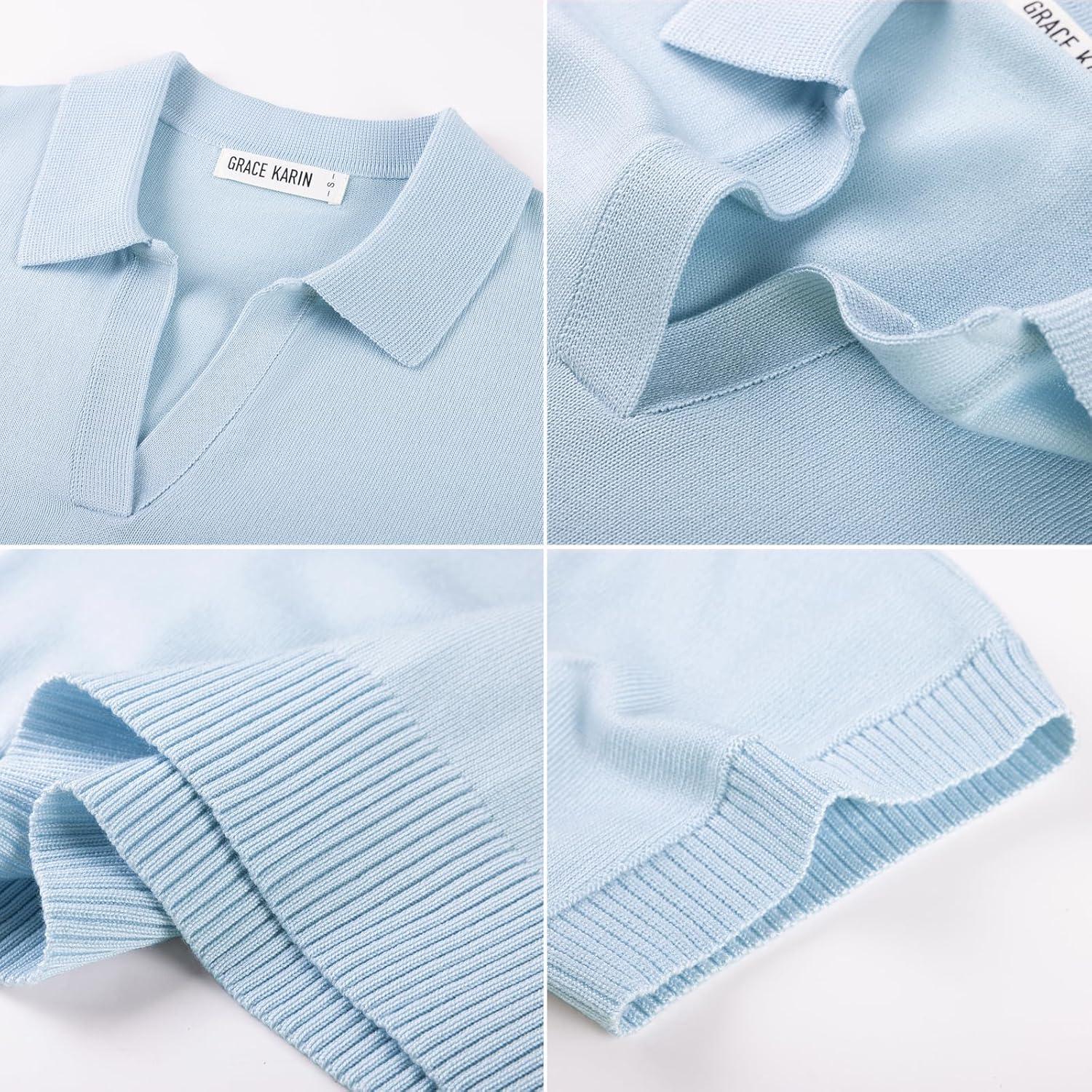 imageGRACE KARIN Women Short Sleeve Sweater Business Casual Knit Polo Shirt V Neck Collared Pullover TopsLight Blue