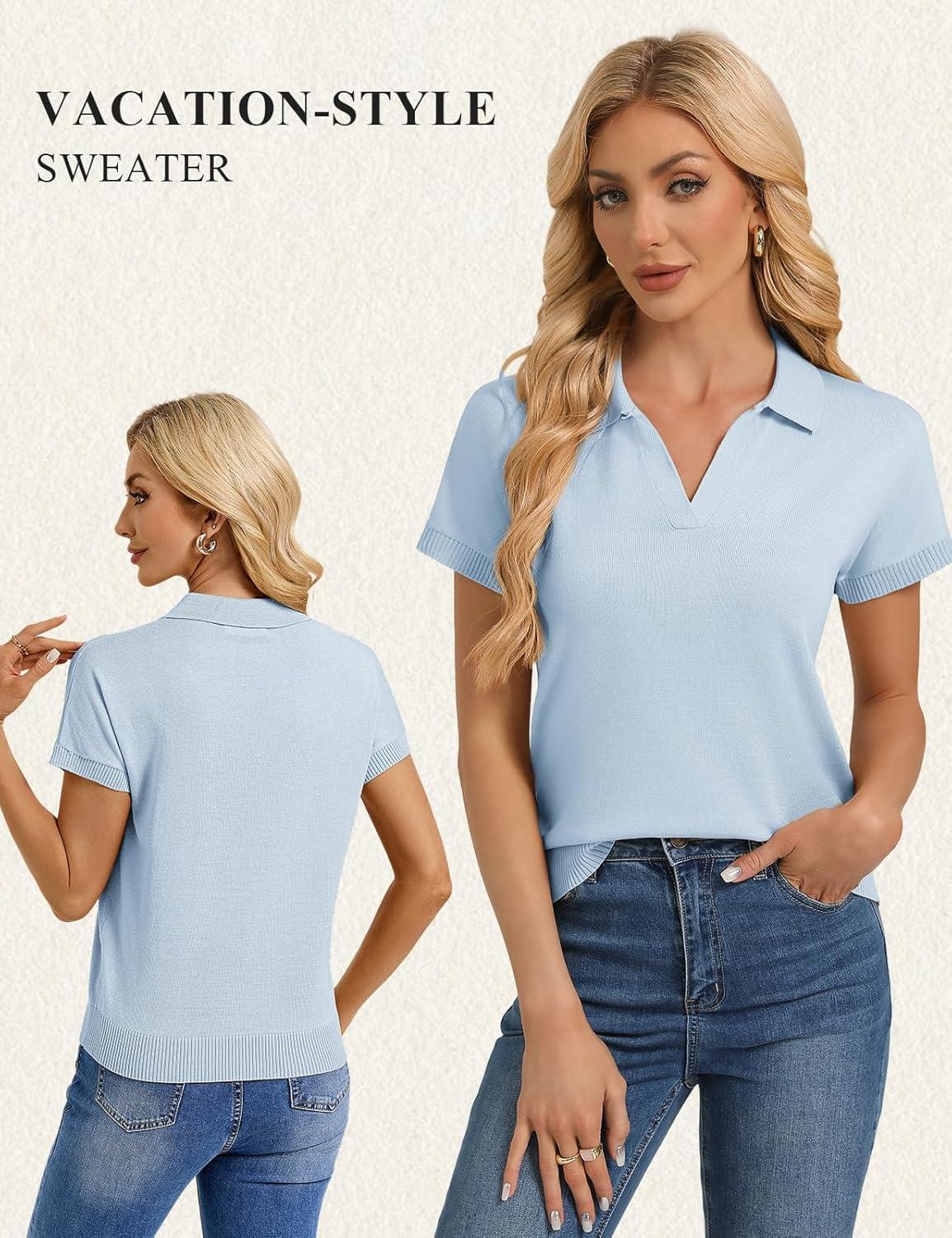 imageGRACE KARIN Women Short Sleeve Sweater Business Casual Knit Polo Shirt V Neck Collared Pullover TopsLight Blue