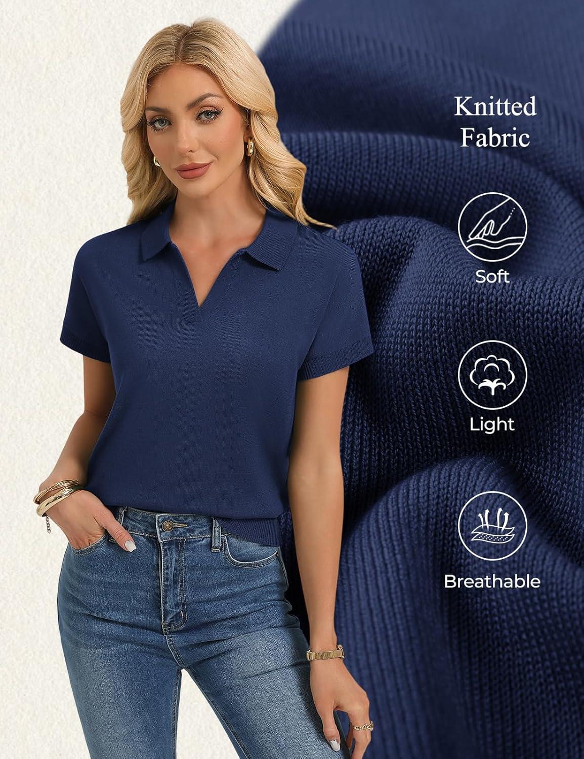imageGRACE KARIN Women Short Sleeve Sweater Business Casual Knit Polo Shirt V Neck Collared Pullover TopsNavy Blue