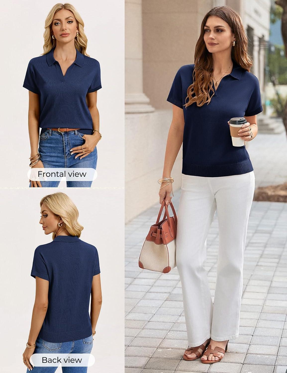 imageGRACE KARIN Women Short Sleeve Sweater Business Casual Knit Polo Shirt V Neck Collared Pullover TopsNavy Blue